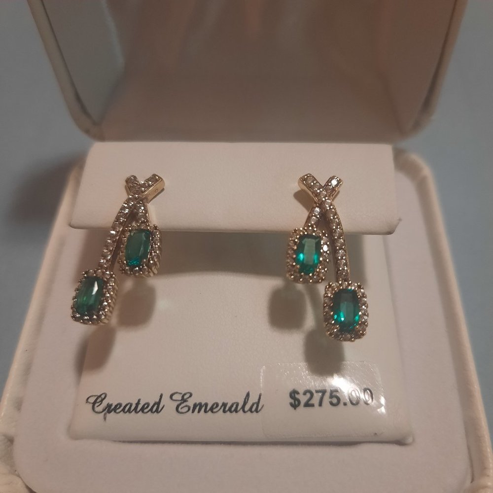 14K Gold over Sterling Silver Lab-Created Emerald & White Sapphire Earrings